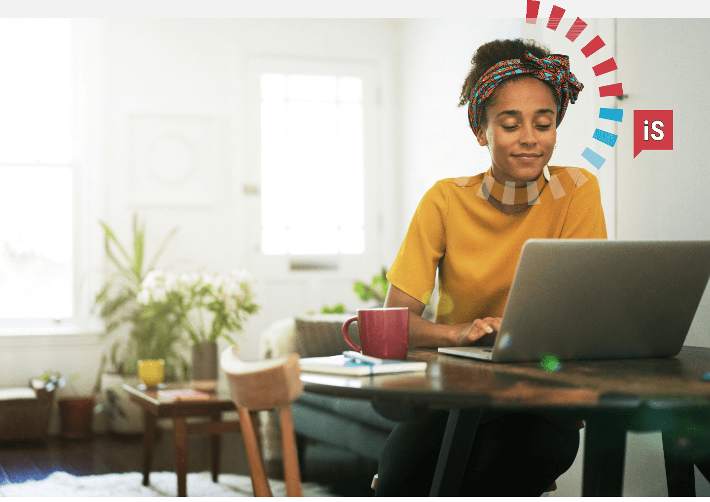 Woman working on a laptop with an iS DiSC style halo.