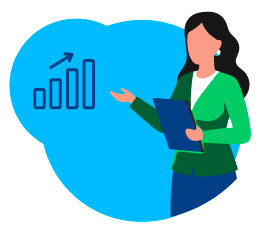 Leader standing with a notebook gesturing at a graph with the arrow going up.