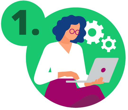 Graphic of a colleague sitting with a laptop, learning, with gear icons in the background.