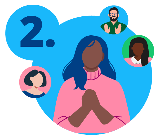 Graphic of four colleagues, each in their own bubble, with one in the center clasping their hands hopefully.