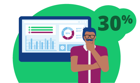 Person with glasses looking contemplative in front of laptop with graphics on it, including green bubble with 30% inside.