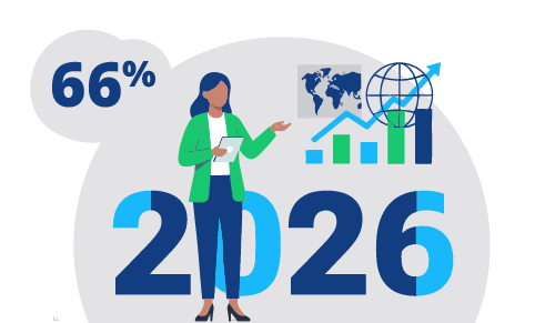 Image of a colleague standing and addressing a busy graph with stats going up and 2026 behind her with 66%.