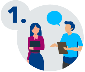 Two colleagues talking with a thought bubble between them as if to provide clear direction.