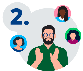 A colleague in the center of a circle with a number of colleagues surrounding them as if they are clearly defining roles and responsibilities.