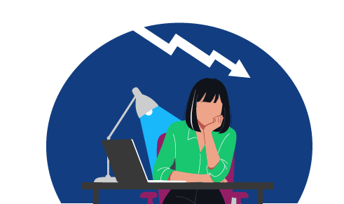 Woman sitting at a desk with her head in her hands, backed by a downward arrow—symbolizing low motivation among mid-career employees.