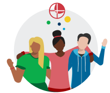 Three colleagues standing together in harmony wearing DiSC colors green, red, and blue.